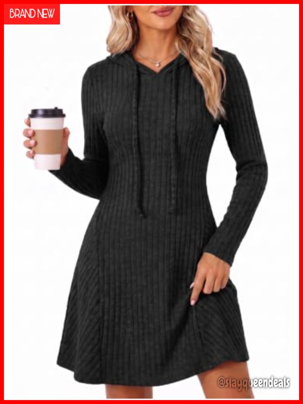 Long Sleeve Hooded Knit Sweater Dress A-Line Mini